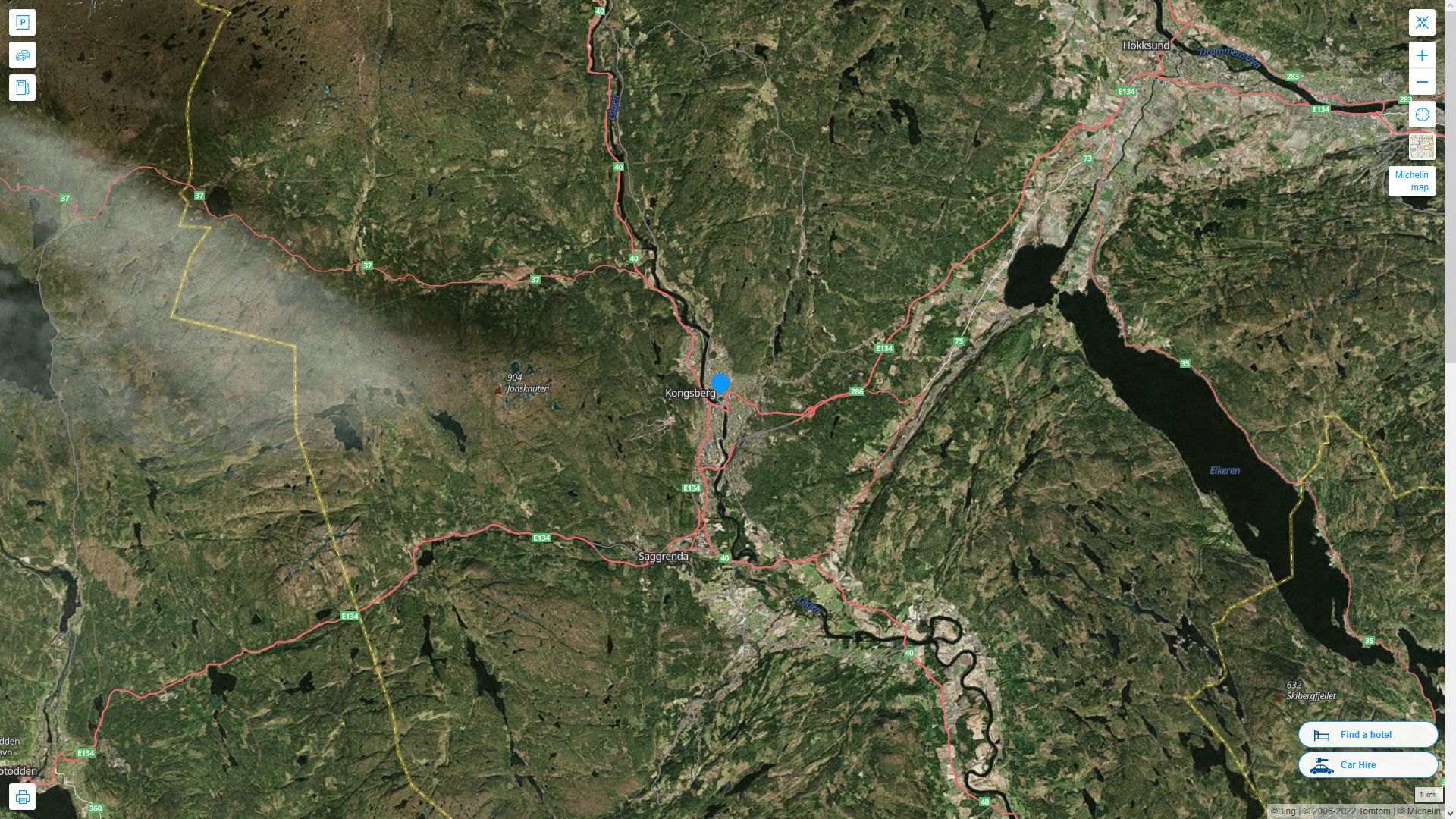 Kongsberg Highway and Road Map with Satellite View